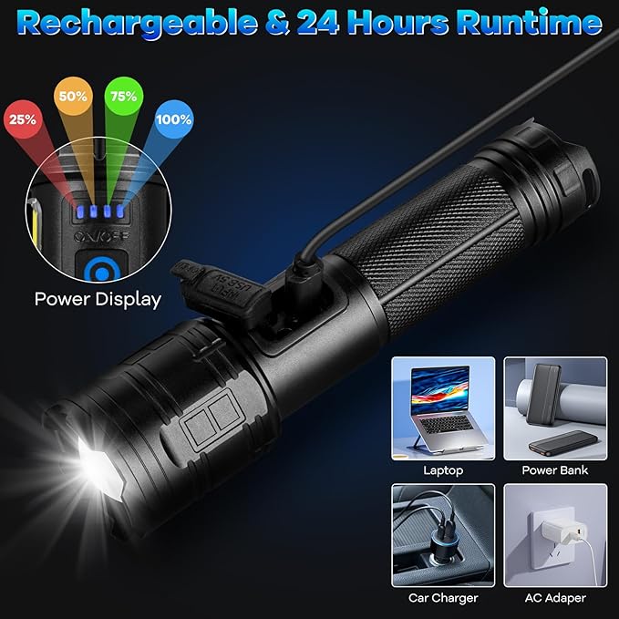 2 Pack Rechargeable Flashlights 90000 High Lumens, Super Bright Flash Light with 7 Lighting Modes, 24 Hours Long Life Powerful Flashlight with Side Light, IPX7 Waterproof Flashlight for Camping Home