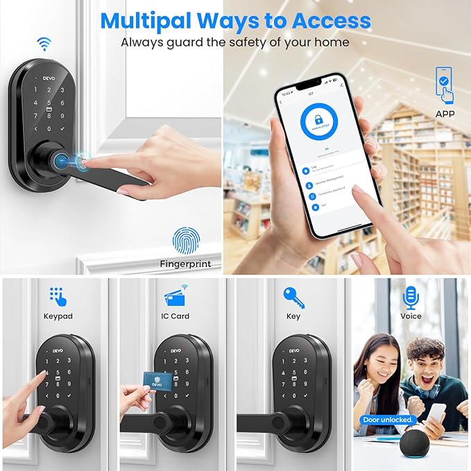 Devo G7 Smart Door Lock with Handle,6-in-1 Fingerprint Keyless Entry,APP Control,Fingerprint ID,Auto Locks,Built-in Wi-Fi Smart Deadbolt for Front Door,Easy Install,Waterproof,BHMA Grade 3