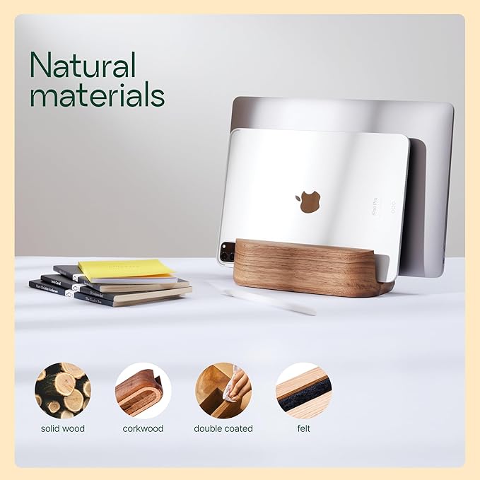 Dual Laptop Stand Vertical Laptop Holder - All MacBook Vertical Stand up to 0.7'' Thick - Handmade Holder Made of Natural Wood (Dual Walnut)