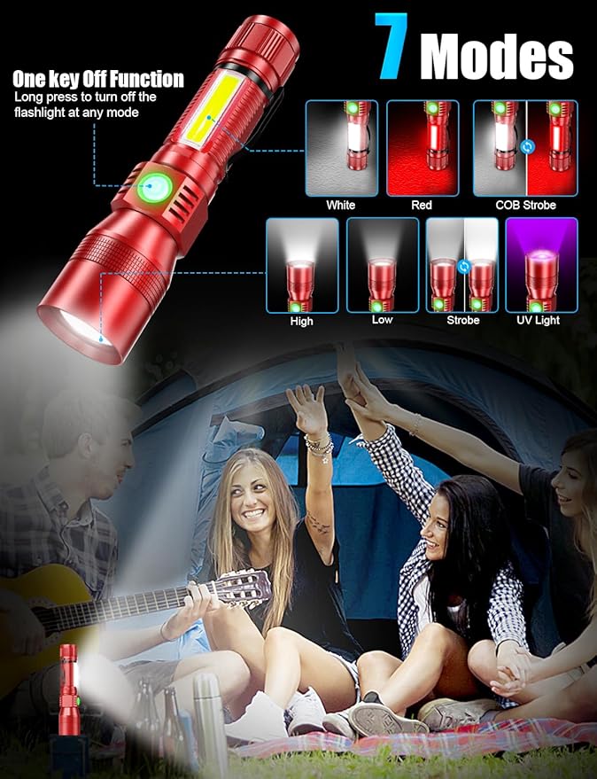 UV Rechargeable Flashlights Tactical,1000 High Lumens 3 in 1 LED Black Light Flashlight -Magnetic Base/Sidelight/Zoomable, Bright Pocket Flash Light for Stains Detection Camping Emergency,Red