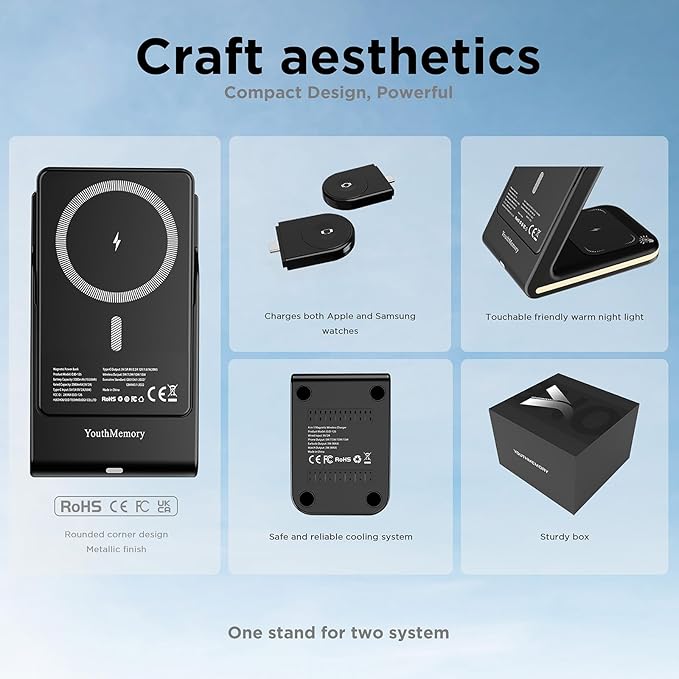 Wireless Charger 5 in 1 Magnetic Charging Station Stand with Portable Power Bank for Apple/Samsung Multiple Devices for Apple Watch 10-2,iPhone 16 15-12 Pro Max/Samsung Galaxy S25 Ultra S24-S8