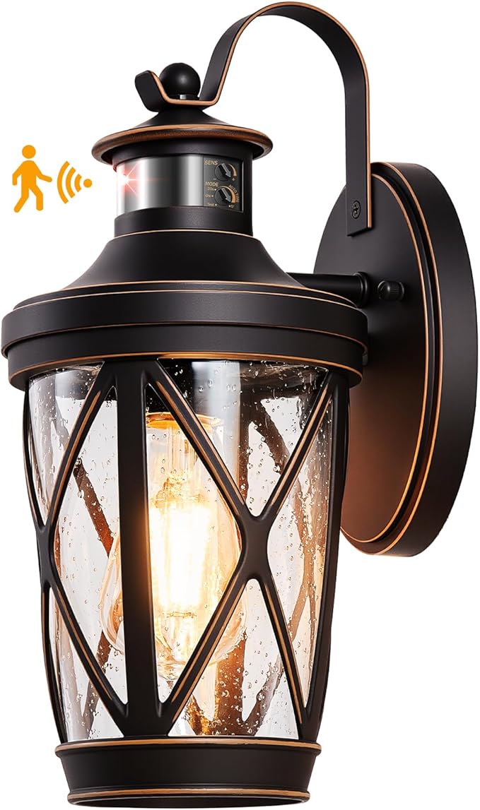 VIANIS Motion Sensor Outdoor Porch Lights, Modern Dusk to Dawn Exterior Wall Light Fixtures, Oil Rubbed Bronze Gold Trim Wall Lanterns for Garage, Waterproof Coach Lights with Adjustable Sense Range
