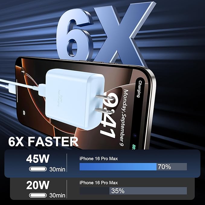 Phone 16 Pro Max Charger Fast Charging, 45W USB C Phone 16 Super Fast Charger Block with 6.6ft Long Type C Charging Cable Cord for Phone 16/16 Pro/16 Pro Max/16 Plus, 15/15 ProMax/Pro/Plus-2pack Blue