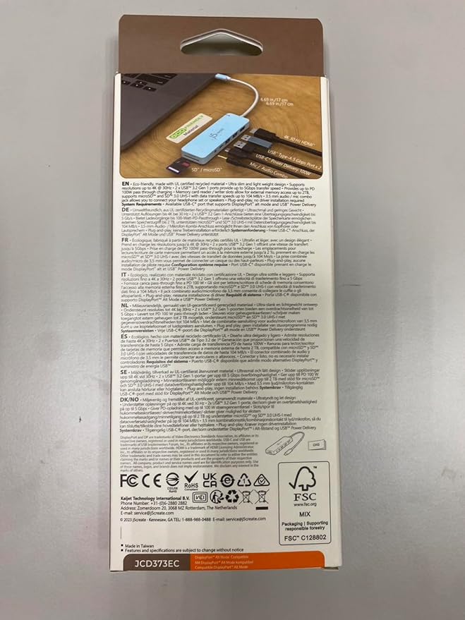 j5create USB-C Multi-Port Hub with Power Delivery with 4K HDMI/2 USB-A 5Gbps/PD 100W Charging SD&Micro SD/3.5mm Audio | for MacBook Pro&Air/iPad Pro/iMac/Surface/XPS/Thinkpad/Galaxy/and More(JCD373EC)