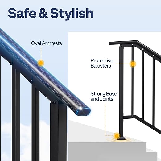 VIVOHOME 2-Pack 5 Step Galvanized Steel Hand Rails for Outdoor Steps – Black Oval and Safety Balusters Exterior Railing for Porch, Deck, or Indoor Stairs, Complete Installation Kit