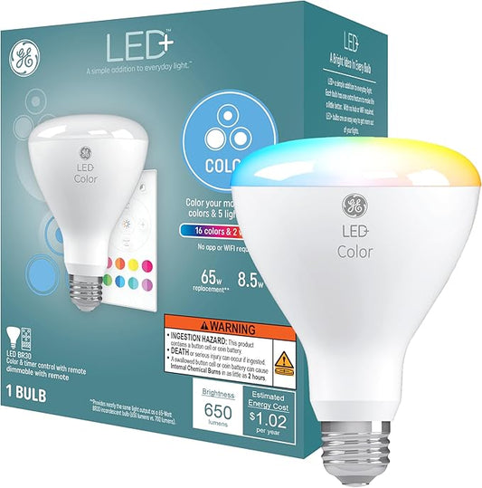 GE LED+ Color Changing LED Light Bulbs with Remote, 8.5W, No App or Wi-Fi Required, BR30 Indoor Floodlights (1 Pack)