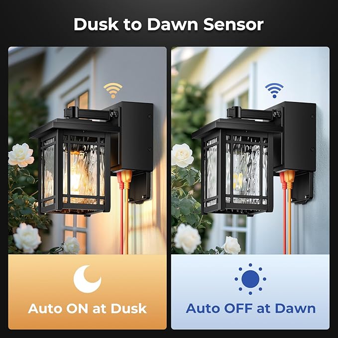 2-Pack Porch Light with GFCI Outlet, Black Dusk to Dawn Outdoor Lantern Wall Mount, Modern Outdoor Sconces Wall Lighting with Glass Shade, Waterproof Outdoor Light Fixtures for House, Garage