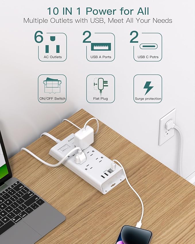 Surge Protector Power Strip 9.8FT, Addtam Flat Plug Extension Cord with 6 Outlet 4 USB Ports (2 USB C), Outlet Extender Strip for Home Office College Dorm Room Essentials