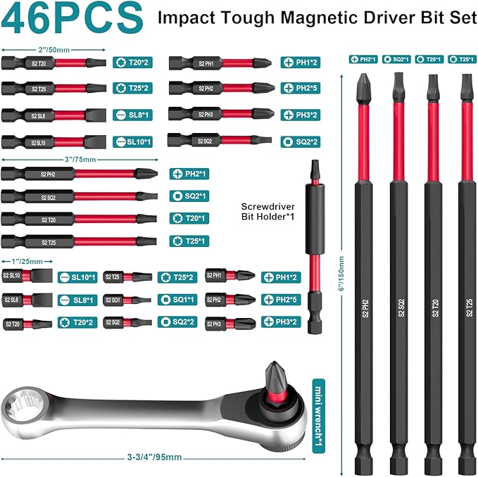 46Pcs Magnetic Drill Bit Set, S2 Steel Screwdriver Impact Bits Kit with 1Pc Magnetic Bit Holder & Mini Ratchet Wrench, Used for Power Screwdrivers and Electric Drill Drivers