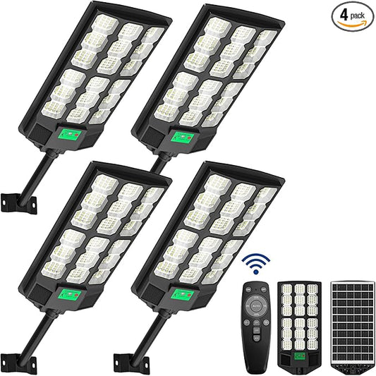 Solar Street Lights Outdoor, 10000K Ultra Bright LED, Waterproof IP65, Motion Sensor, Dusk to Dawn, Suitable for Commercial Area, Parking Lot, 4 Pack