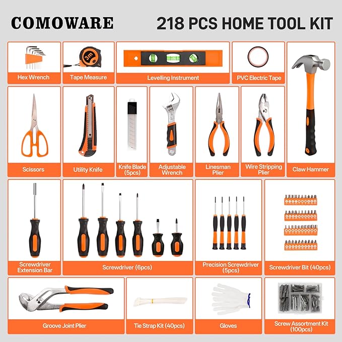 COMOWARE 218 Pcs Home Tool Kit - Basic Household Hand Tool Set, Truck Tool Kit Socket Wrench Combination Tool Set for Home with Plastic Toolbox Storage Case, Rv tool set，Orange