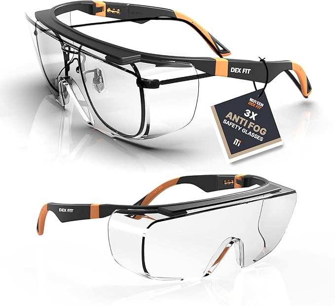 DEX FIT Safety Over Glasses SG210 OTG; Fit Over Your Eyewear, Z87 Eye Protection, 3X Fog & Scratch Resistant, Adjustable for Women & Men, UV Protective (Black & Orange Frame, Clear Lens)