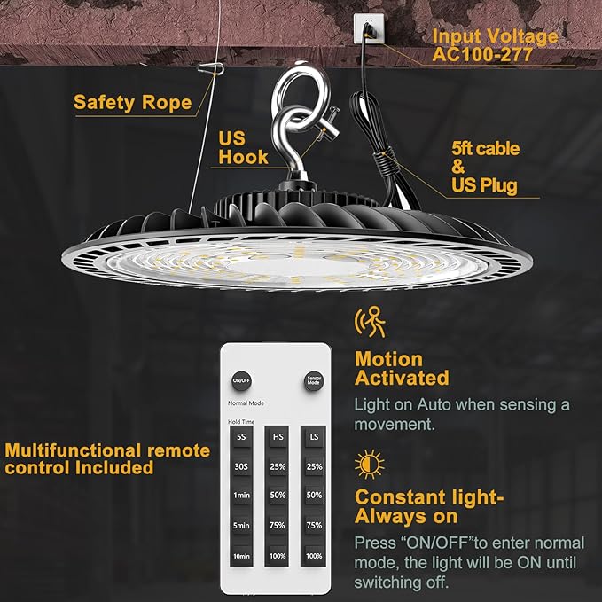 Smart 350W LED High Bay Light Motion Sensor, 48000lm (Eqv.1200W MH/HPS) Commercial Bay Lights AC100-277V High Bay LED Shop Light (Remote Buy Separately) 4Pack