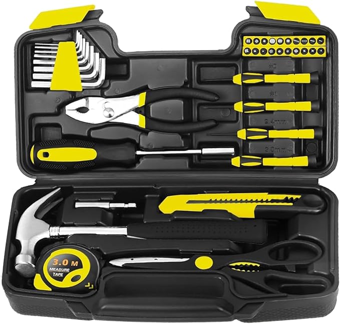 39 Piece Tool Set General Household Tool Kit - Basic Home Tool Set Small Hand Tool Kit with Plastic Toolbox Storage Case for Home Garage Office College Dormitory Use Yellow