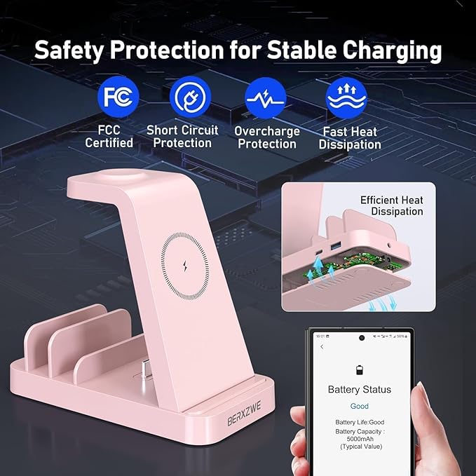 Wireless Charger for Samsung, 5 in 1 Wireless Charging Station for Samsung, Charger Dock Stand for Galaxy Watch Ultra 7 6 5 4 3, Galaxy S25 S24 Ultra S23 S22 S21, Note 20 10 Z Fold Buds, Pink
