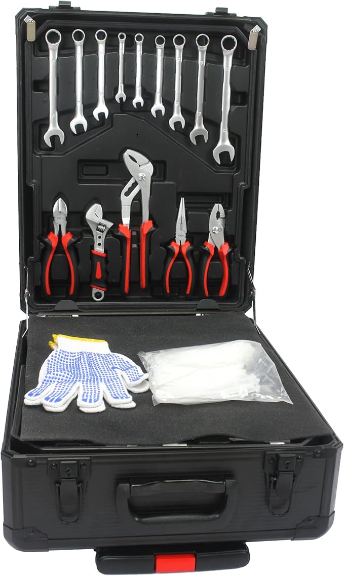 Aluminum Trolley Case Tool Set, Hand Tool Box with 4 Layers of Toolset and Wheels, Portable Tool Box for Home/Auto Repair for Men (Black)