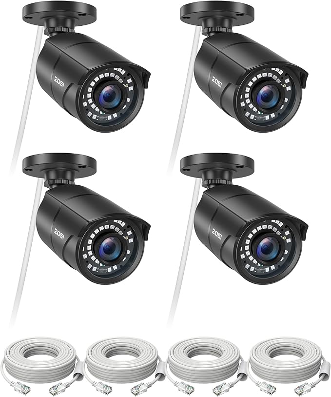 ZOSI 4 Pack 5MP 3K Add-on Security POE Camera with Cable, 2880 x 1620 Indoor Outdoor Bullet IP Camera, 120ft Night Vision, 3.6mm Lens, 95°View Angle, IP66 Weatherproof (Only Work with Our PoE NVR)