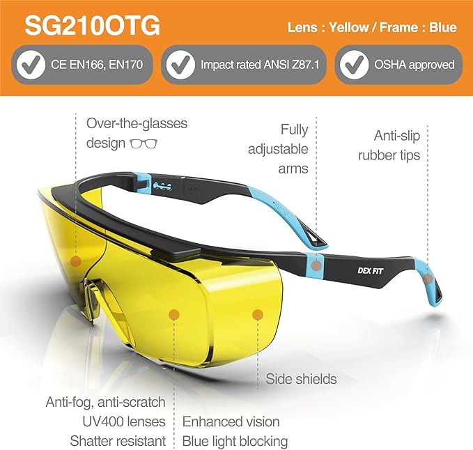 DEX FIT Safety Work Over Glasses SG210 OTG; Z87 Eye Protection for Men & Women, Fog & Scratch Resistant, Adjustable, UV & Blue Light Blocking (Black & Blue Frame, Yellow Lens)