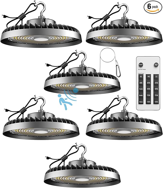 300W LED High Bay Light Motion Sensor(Energy Saving), 45000lm Commercial Bay Lights with Remote Control AC100-277V High Bay LED Shop Lights Supports Normal Mode & Motion Mode Switching- 6Pack