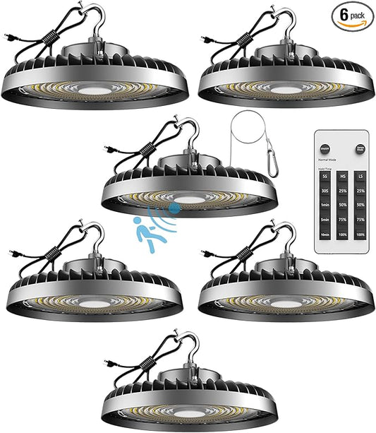 300W LED High Bay Light Motion Sensor(Energy Saving), 45000lm Commercial Bay Lights with Remote Control AC100-277V High Bay LED Shop Lights Supports Normal Mode & Motion Mode Switching- 6Pack