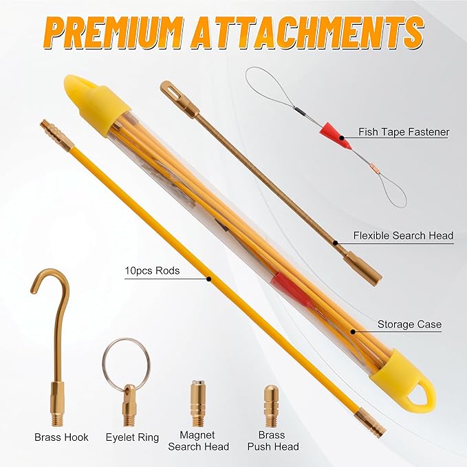 KOOTANS 11FT Fiberglass Running Electrical Wire Cable Glow Rods Wire Pulling Tools Fish Tape Cable Puller Through Wall Snake Fish Rods Kit with Different Attachments