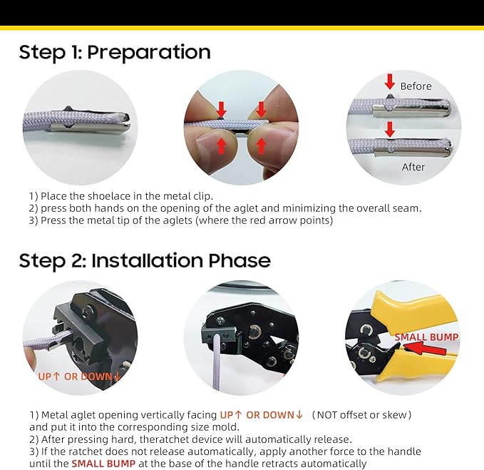 Aglet Crimping Tool, Shoelace Aglets Tool, Aglets For Shoelaces, Repair Shoe Lace Tips Replacement End Comes With 160 pcs Metal Aglets Installation Tool Adaptation 3/4/4.5 mm Aglets (Yellow)