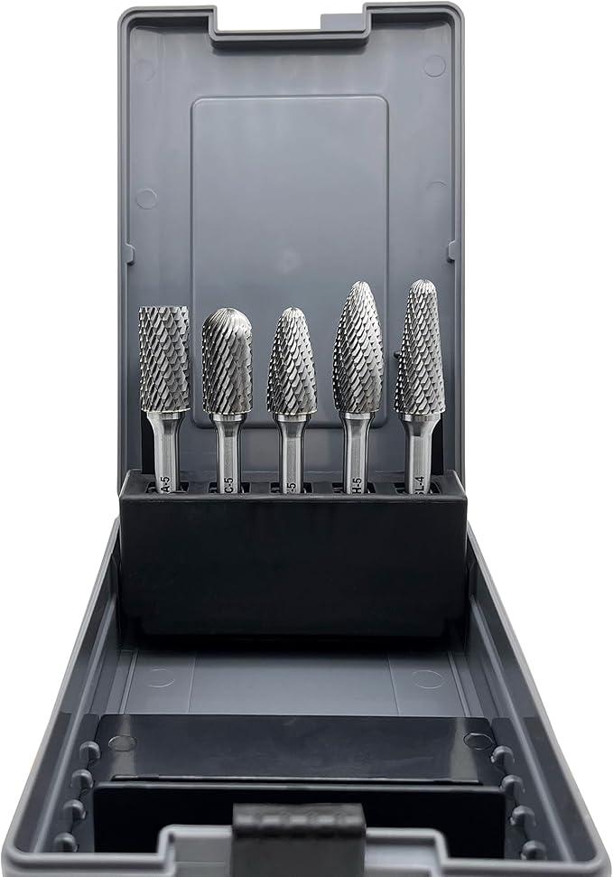 Carbide Burrs Set 5pcs, Double Cut Solid Carbide Rotary Burr Set 1/4" Shank for Die Grinder Drill,Metal Carving, Polishing,Engraving,Drilling by LU&MN