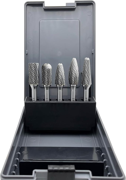 Carbide Burrs Set 5pcs, Double Cut Solid Carbide Rotary Burr Set 1/4" Shank for Die Grinder Drill,Metal Carving, Polishing,Engraving,Drilling by LU&MN