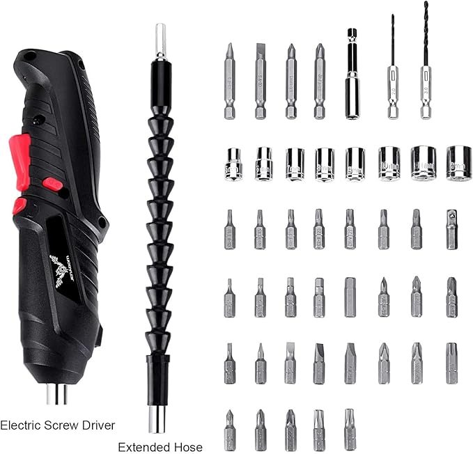 Electric Screwdriver, 3.6V Cordless, 44pcs Screwdriver Bit Set, Front LED Light, Flexible Shaft, Micro USB, Carrying Case, Ideal for Home Improvement & Furniture Assembly