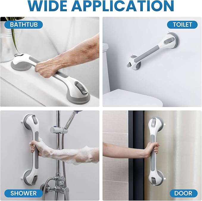 LEVERLOC Grab Bars for Bathtubs and Showers, Shower Handle 17 Inch Strong Suction Bath Handrails, Safety Grip for Bathroom Chair, Bathroom Grab Bar for Senior No Drilling Waterproof,Grey