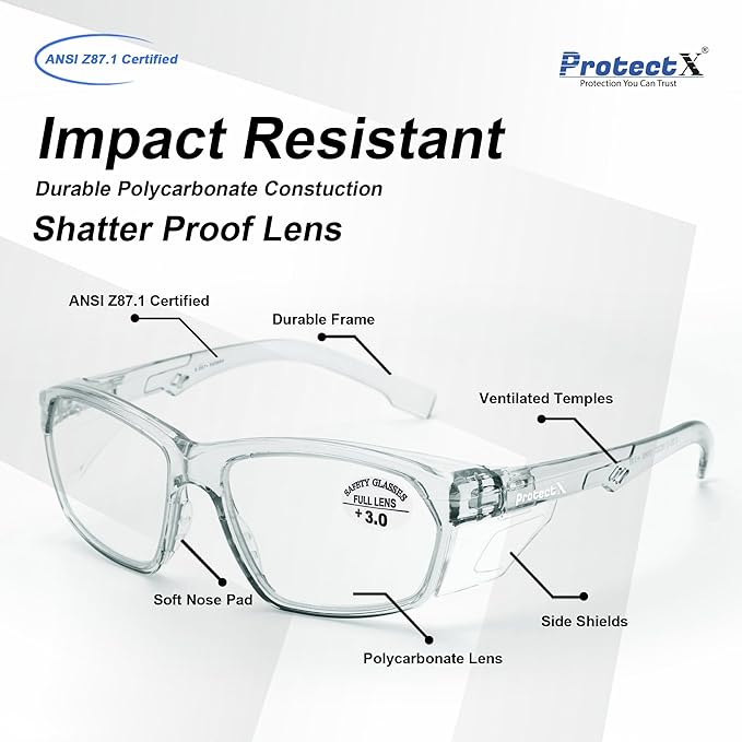 ProtectX Stylish Anti-Fog & Scratch-Resistant Safety Glasses With Readers, UV Protection Goggles, Anti-Impact Lightweight Glasses for Men＆Women Charcoal Reading 3.0-6 Pack