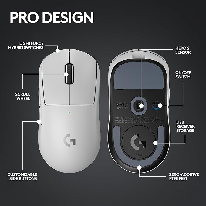 Logitech PRO X Superlight 2 Wireless Gaming Mouse, White | Ultra-Lightweight, Hero 2 Sensor, 44k DPI, 5 Programmable Buttons, Lightspeed Wireless, PC/Mac | with Signature Series Charging Dock