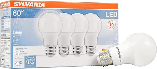 SYLVANIA LED Light Bulb, 60W Equivalent A19, Efficient 8.5W, Medium Base, Frosted Finish, 800 Lumens, Bright White - 4 count (Pack of 1) (79704)