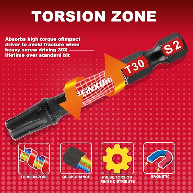 10Pieces 2 In. T30 Impact Tough Magnetic Screwdriver Bit Set, #30 Torx Head Power Bits, S2 Alloy Steel Star Bits with Storage M-Box