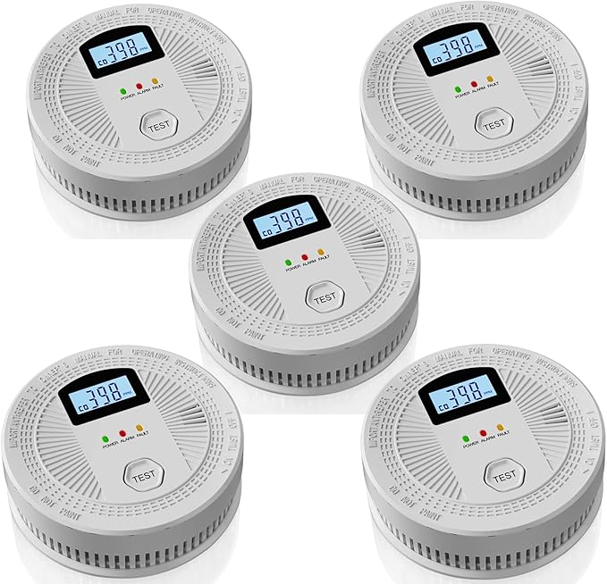 5 Pack Combination Photoelectric Smoke and Carbon Monoxide Alarm Detector with LCD Display; Battery-Operated Smoke Carbon Monoxide Alarm
