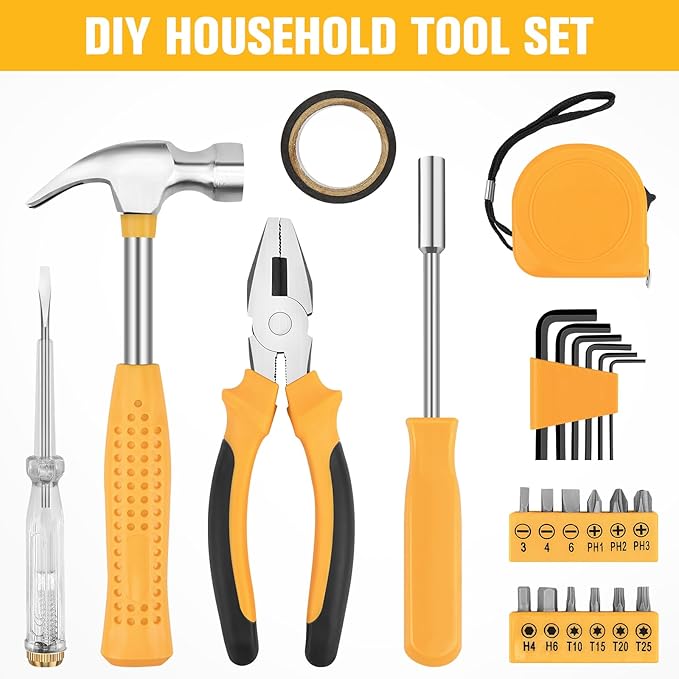 24 Piece Small Tool Kit for Men and Women, Mini Hand Tool Set with Storage Box for Home, DIY, Office, Garage(Yellow)