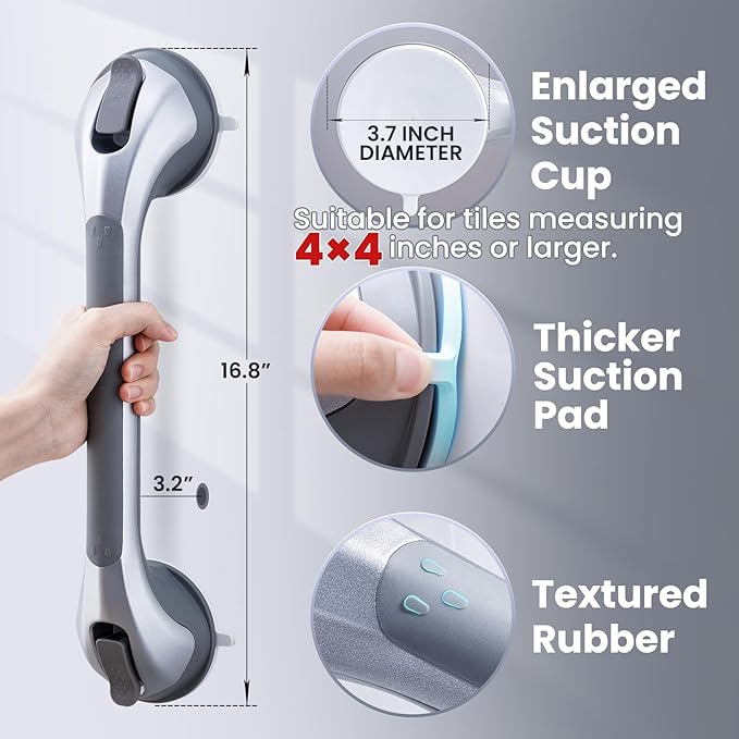 LEVERLOC Grab Bars for Bathtubs and Showers, Shower Handle 17 Inch Strong Suction Bath Handrails, Safety Grip for Bathroom Chair, Bathroom Grab Bar for Senior No Drilling Waterproof,Silver