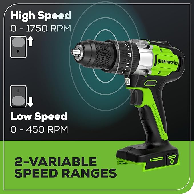 Greenworks 24V Brushless 1/2" Hammer Drill (Metal Chuck / 530 in.-lbs. / 20+3 Clutch / LED Light) + 5 PC Drill Bits, 2.0Ah Battery and Charger Included