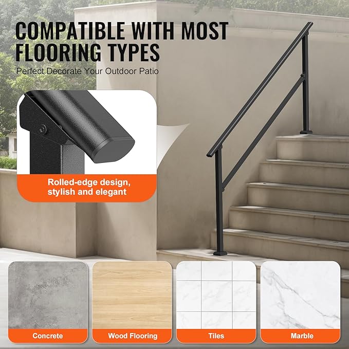 VEVOR Handrails for Outdoor Steps, 5 Step Stair Hand Rail Kit, Transitional Carbon Steel Railings with Installation Kit, Stair Rails for Seniors, Concrete Steps & Porch & Deck, Black Square Tube