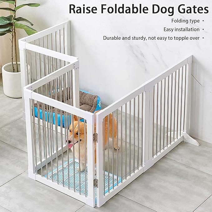 Foldable Wooden Dog Gates 126" Wide, 27.5" Tall Freestanding Pet Gate Dog Fence No-Installation Puppy Safety Fence Extra Wide Puppy Barrier for Doorways,Stairs, or Hallways-6 Panel，White