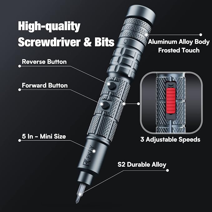 PKEY Mini Electric Screwdriver Set,Precision Electric Screwdriver， Cordless with 28 Precision Magnetic Bits, 3 Gears Torque, Overload Protection, Repair Tool Set for Phone Camera Laptop Watch