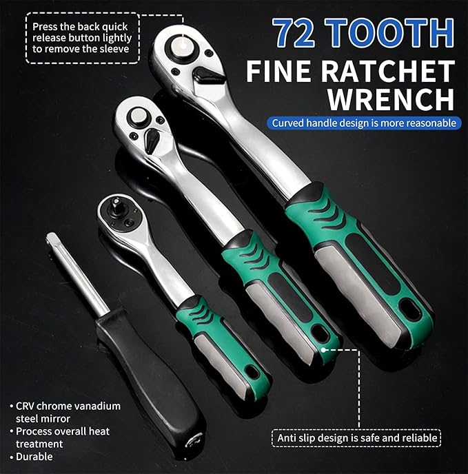 216pcs Car Tool Kit Ratchet Socket Wrench Sets,Wrench And Socket Set,72 Tooth Reversible Ratchet Wrench with Universal Joint And Extension Bars,Mechanics wrench Tool Set for Automotive