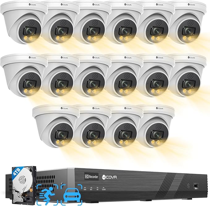 4COVR 16 Channel NVR 4TB HDD Camera Security System 2-Way Talk & Dual Lights Smart Full Color Night Vision, AI Human Vehicle Detection, 16x 5MP IP67 PoE IP Dome Camera for Business, LY97KA5M1616