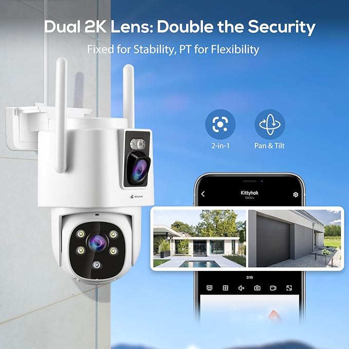 Kittyhok Dual Lens Wireless Security Camera System, 6pcs 2K Outdoor Camera with 2.4/5GHz WiFi, Pan & Tilt, Auto Tracking, Human Detection, Color Night Vision, 16CH WiFi 6 NVR, KWDP164 Bundle with CDP2