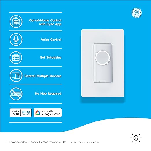 GE CYNC Smart Light Switch On/Off Button Style, No Neutral Wire Required Smart Switch, 2.4 GHz WiFi Works with Amazon Alexa and Google Home, White