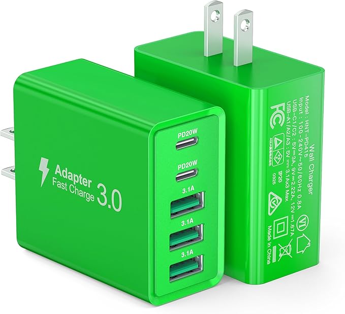 Green 2-Pack Dual Type C Power Adapter - 50W USB C Charger Block with 5-Port PD Fast Charging for iPhone 13/14/15/16/Pro, iPad, Samsung, Switch
