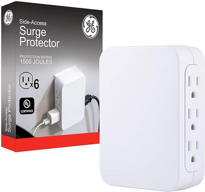 GE Pro 6-Outlet Extender, Surge Protector, Side Access, Wall Tap Adapter, 3-Prong, 1200 Joules, Warranty, UL Listed, White, 10353