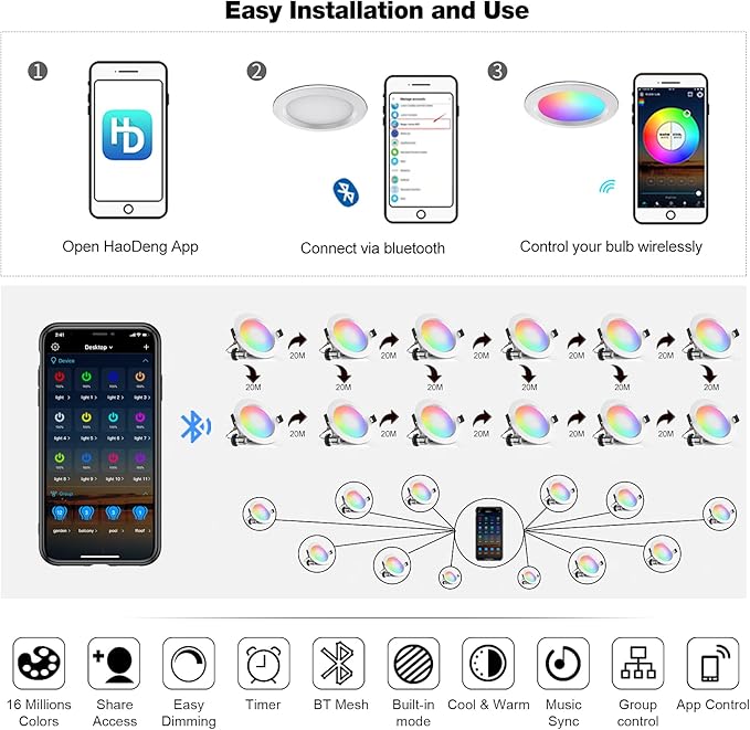 Smart Recessed Lighting 3 Inch, RGBCW, 2700K-6500K CCT Selectable, Dimmeble, Color Changing LED Downlight 6 Pack, App Control, CRI80+ RGB Can-Killer LED Downlight Light Fixtures