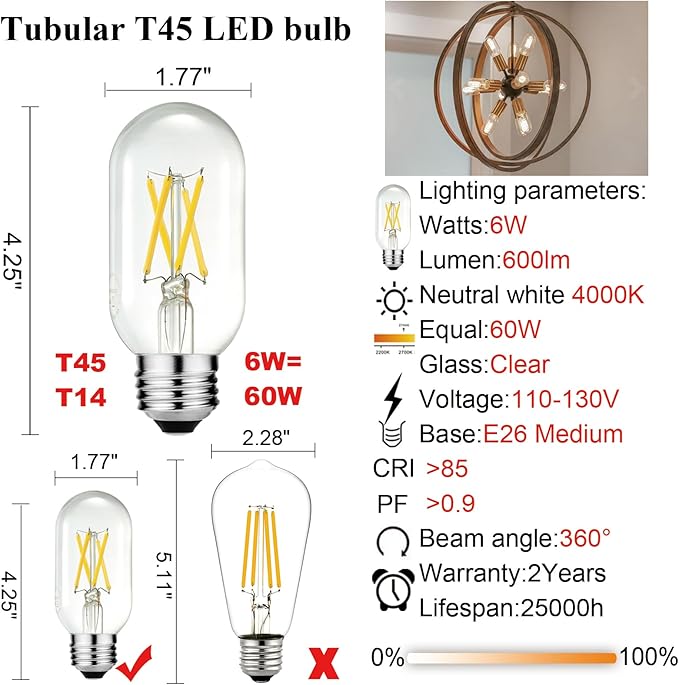 LiteHistory E26 Edison Bulb 6W Equivalent E26 LED Bulb 60 Watt Dimmable Neutral White 4000K E26 Light Bulb AC120V 600lm Tubular T14 T45 LED Bulb for Pendant,Sputnik,Vanity,Chandeliers Pack of 6