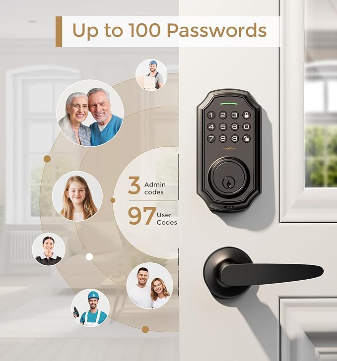 Keyless Entry Door Lock with 2 Handle Set - Smart Electronic Keypad by App - 100 User Codes & One-Time Passcode - Front Door Lock Set - Auto-Lock Front Door - Easy Install